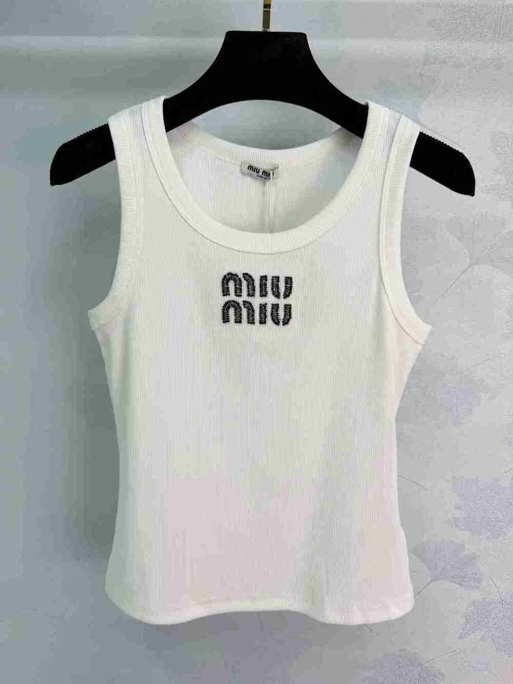 💎Miu Miu Rhinestone Logo White Ribbed U-Neck Fitted Tank Top